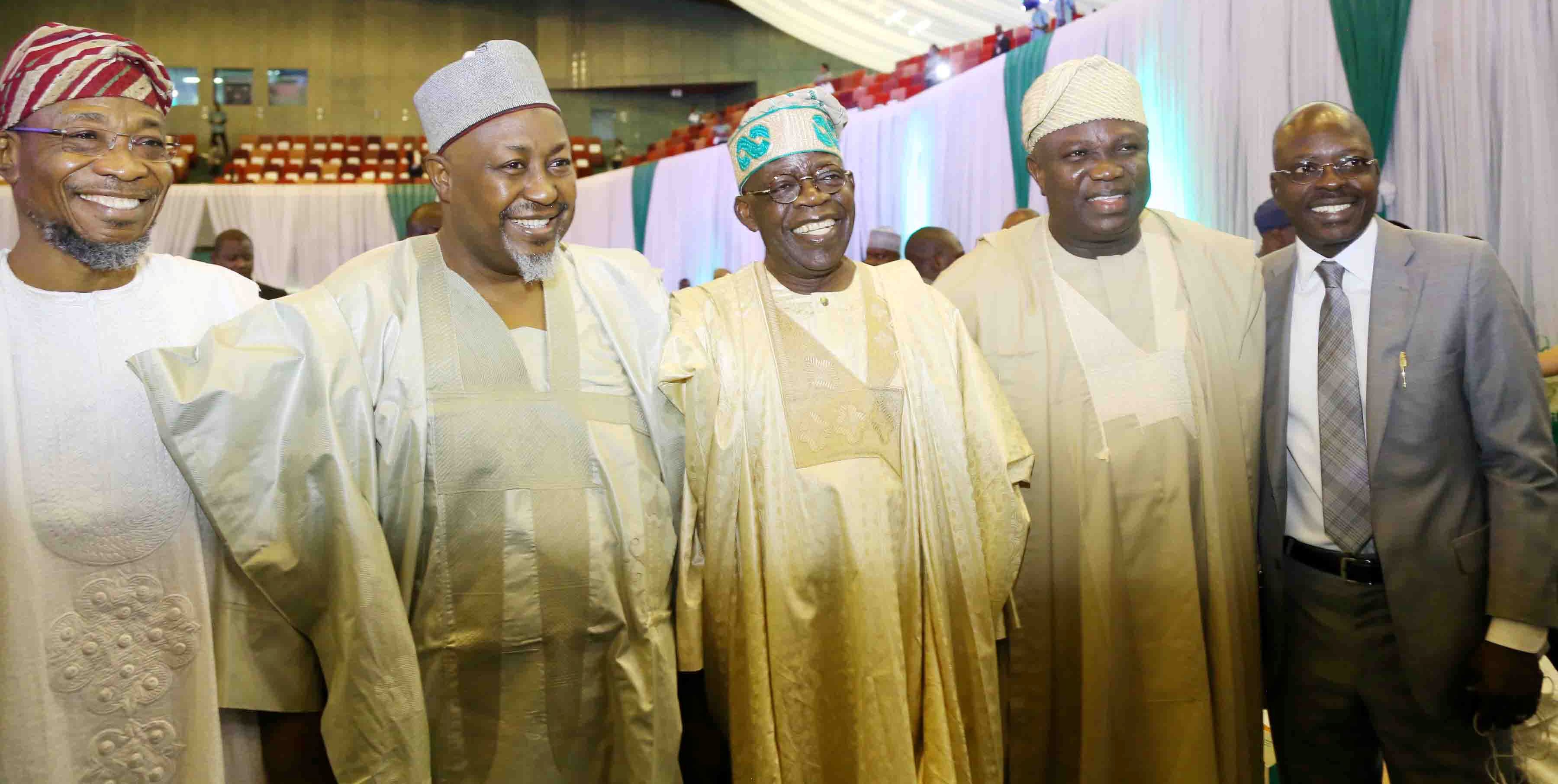 8th Bola Tinubu Colloquium To Mark Tinubu‘S 64th Birthday At International Conference Centre, Abuja L-R: Lagos State Governor, Mr. Akinwunmi Ambode (2nd right), Osun State Governor, Ogbeni Rauf Aregbesola; his Jigawa State counterparrt, Alhaji Badaru Abubakar; the Celebrant and National Leader of the All Progressives Congress, Asiwaju Bola Tinubu and member, House of Representatives, Hon. Rotimi Agunsoye