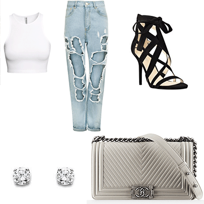 Perfect for a night out at the club. Pair a sleeveless crop with a ripped jean. heeled sandals and a cross-body boy bag.