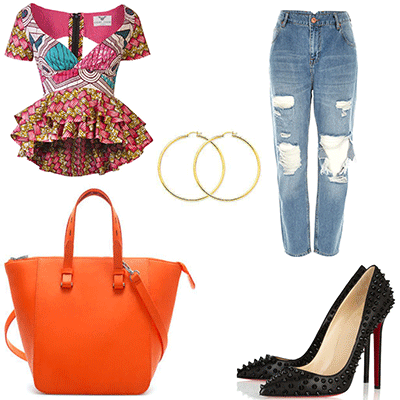 Brighten up your day with this colourful Ankara print peplum top, paired with ripped jeans, pointed heels, and bright-coloured bag for the perfect day look.