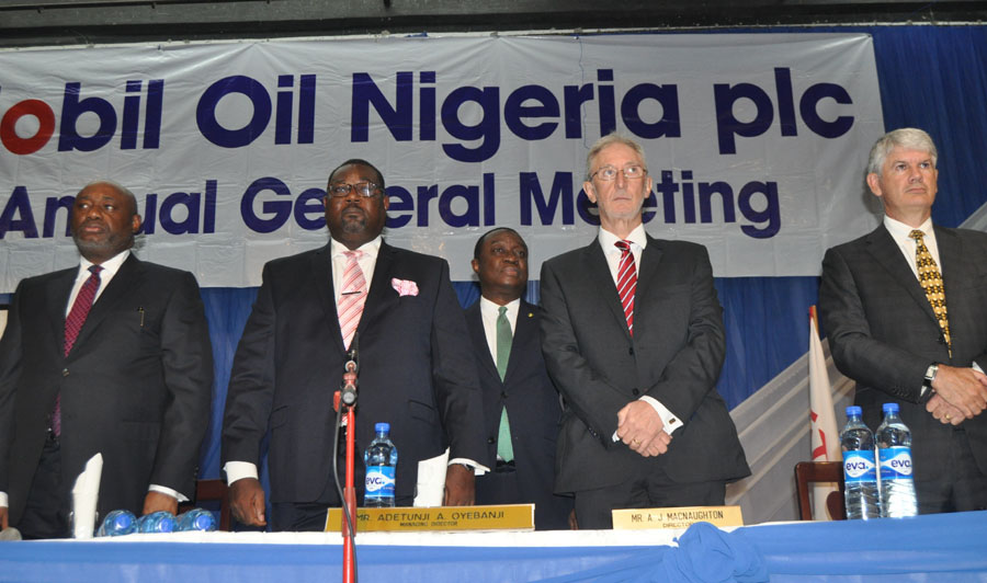 Photos from MOBIL NIG PLC AGM thirty eighth Annual General Meeting
(L-r)Company Secretary Mobil Oil Nigeria Plc Mr Emmanuel Amade, Chairman /MD Mr Adetunji Oyebanji, Mr Alastair Macnaughton,and Mr Michel Gouzerh both directors at the thirty eighth Annual General Meeting of the Company held in Lagos on Wednesday 25/5/2016 PHOTO CHINYERE IKEANYI